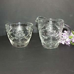 Anchor Hocking Glass Creamer & Sugar Bowl Set Prescut EAPC Star of David Vintage